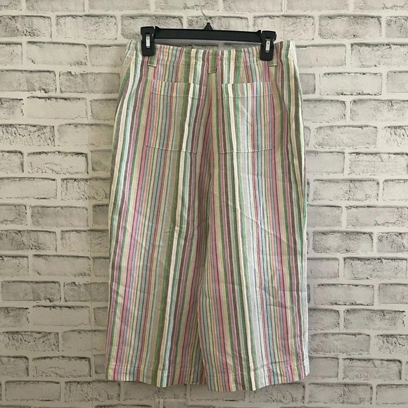 Women’s Talbots Petites striped multi-color 100% linen cropped wide leg pants 10 - Picture 2 of 4
